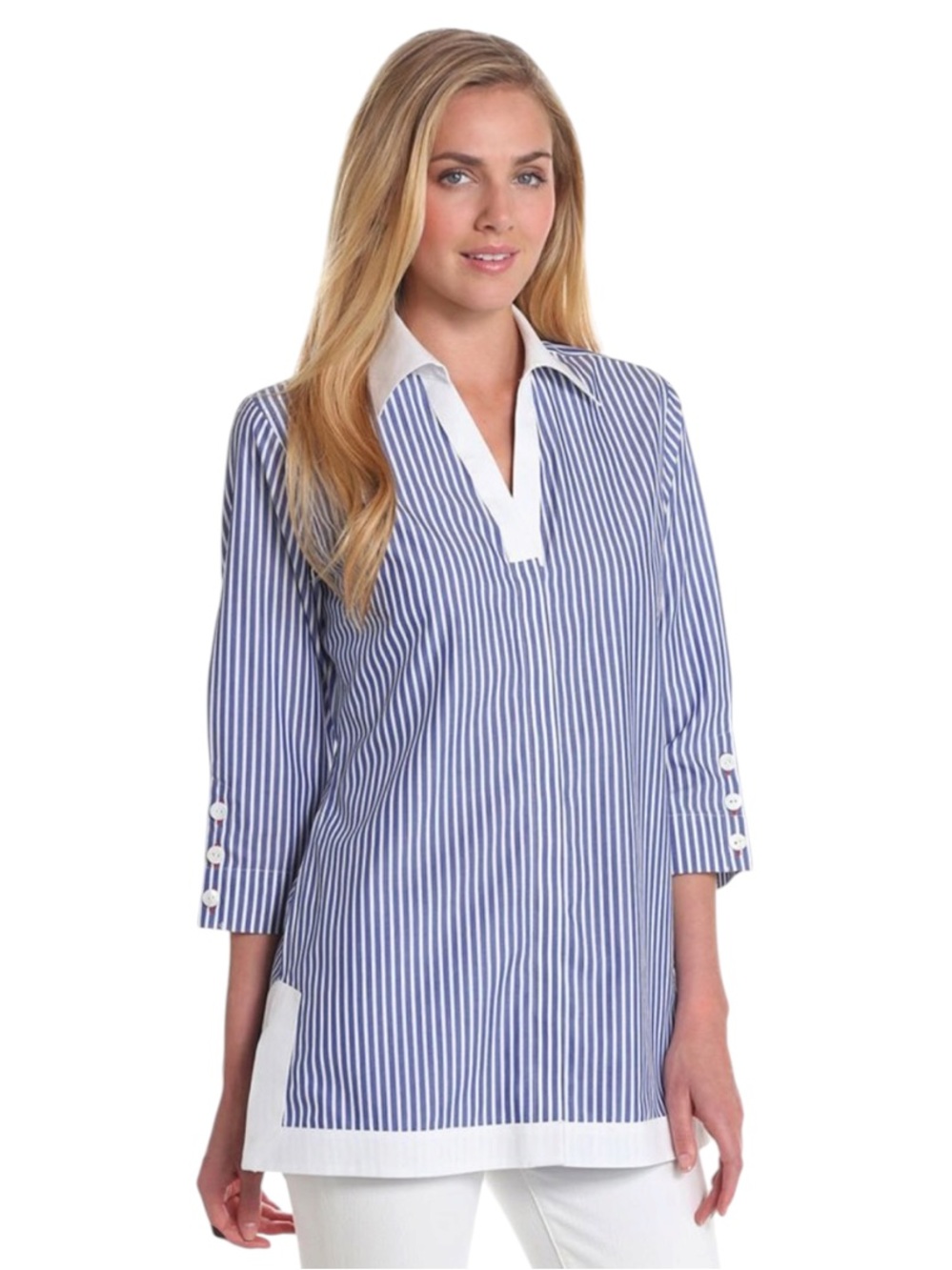 FOXCROFT- NO IRON Blue and White Striped Button-Down Tunic